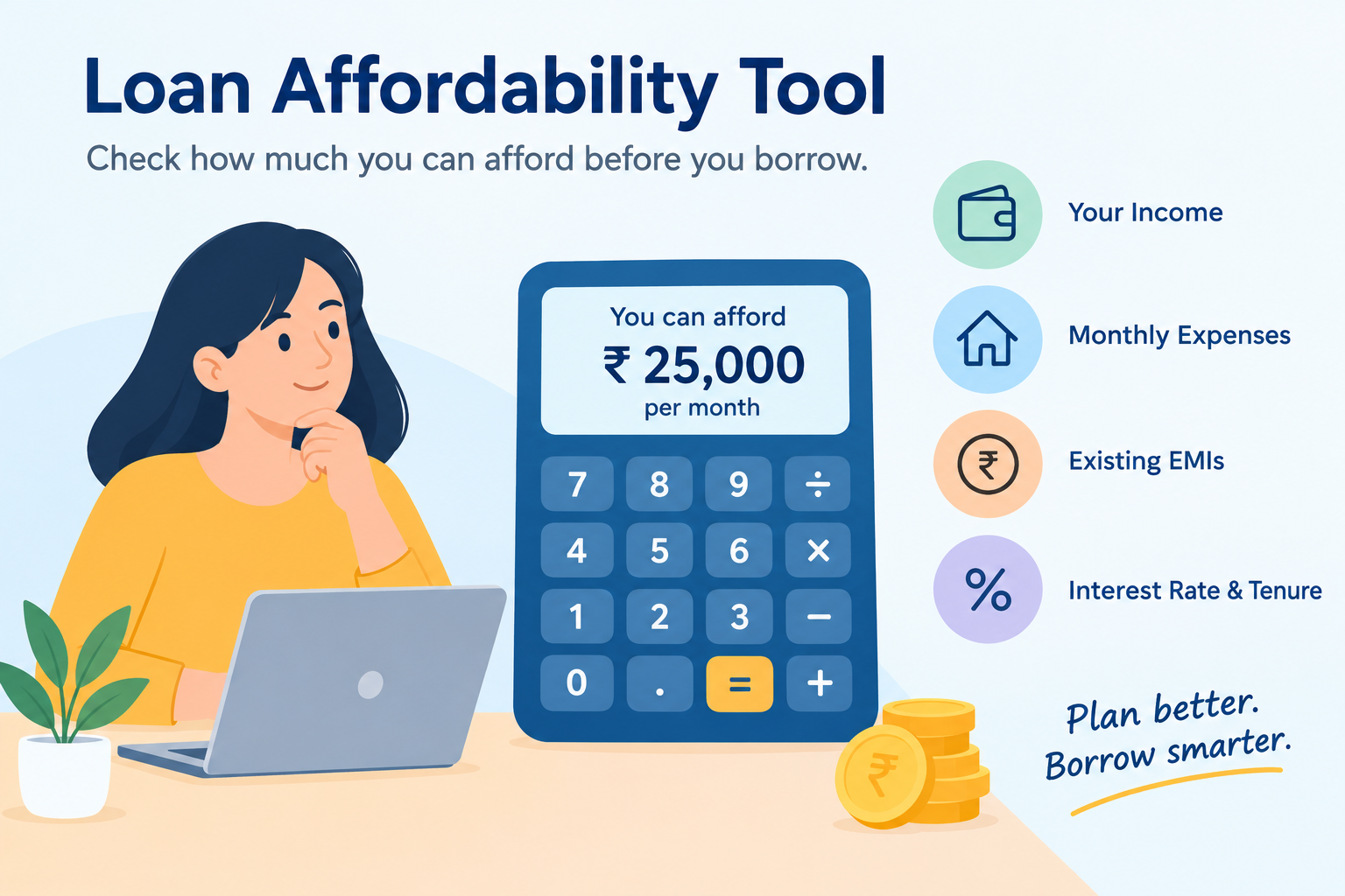 Loan Affordability Tool to estimate affordable loan amounts based on monthly income, household expenses, existing EMIs, interest rates, and repayment tenure for smarter financial planning.
